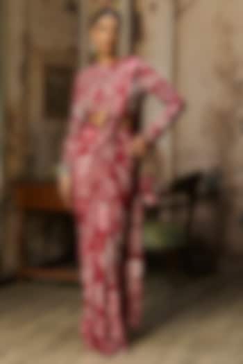 Scarlet Red Crepe Coral Veil Printed Dhoti Skirt Wedding Saree Set by DiyaRajvvir at Pernia's Pop Up Shop