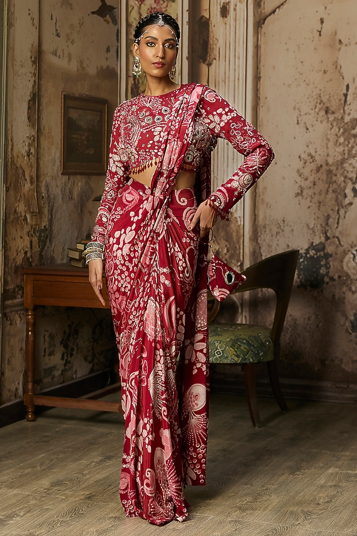 Scarlet Red Crepe Coral Veil Printed Dhoti Skirt Wedding Saree Set by DiyaRajvvir at Pernia's Pop Up Shop