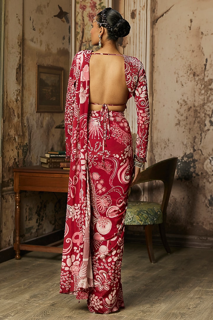 Scarlet Red Crepe Coral Veil Printed Dhoti Skirt Wedding Saree Set by DiyaRajvvir at Pernia's Pop Up Shop