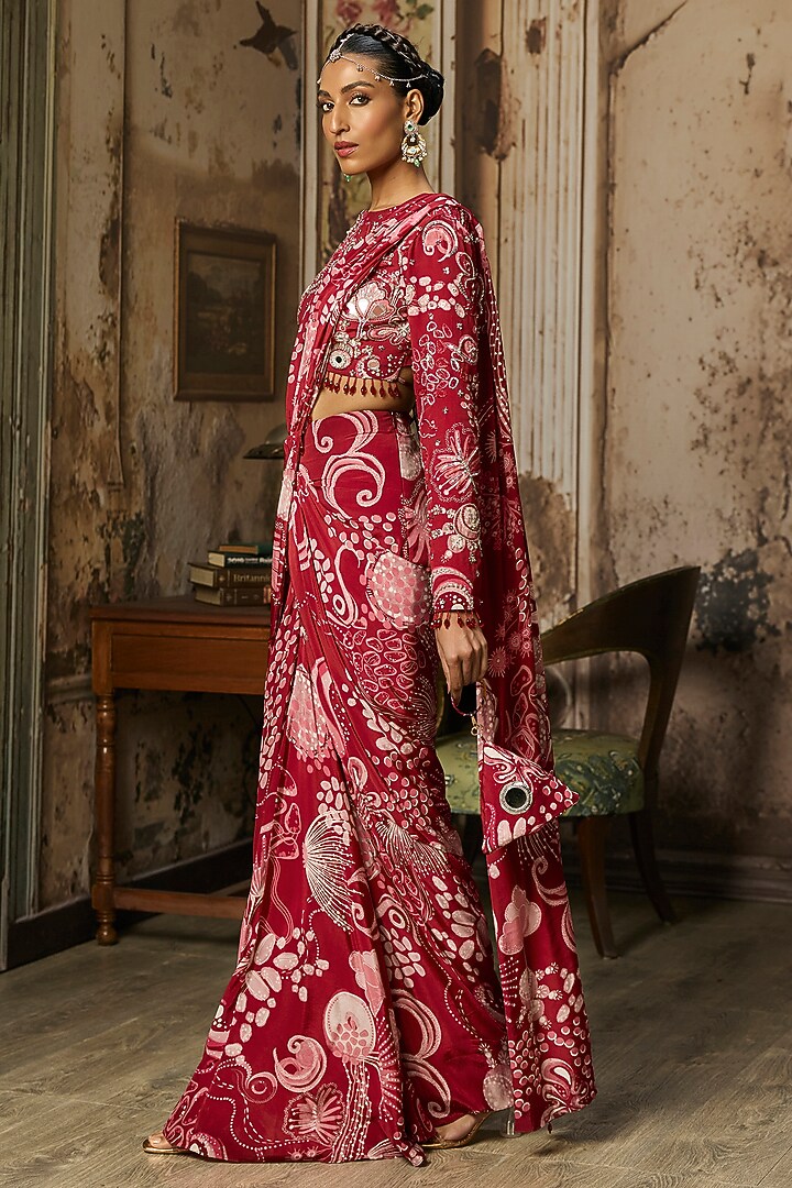 Scarlet Red Crepe Coral Veil Printed Dhoti Skirt Wedding Saree Set by DiyaRajvvir at Pernia's Pop Up Shop