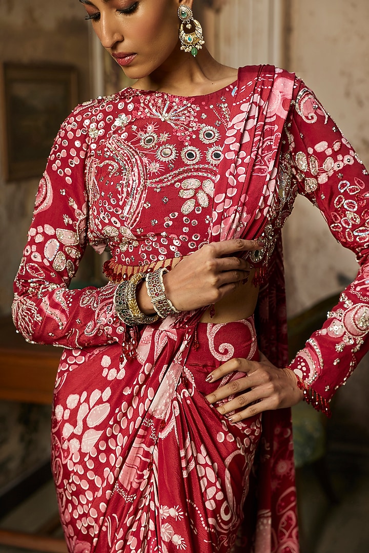 Scarlet Red Crepe Coral Veil Printed Dhoti Skirt Wedding Saree Set by DiyaRajvvir at Pernia's Pop Up Shop