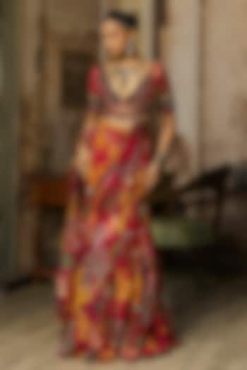 Scarlet Red Crepe Coral Veil Printed Dhoti Skirt Wedding Saree Set by DiyaRajvvir at Pernia's Pop Up Shop