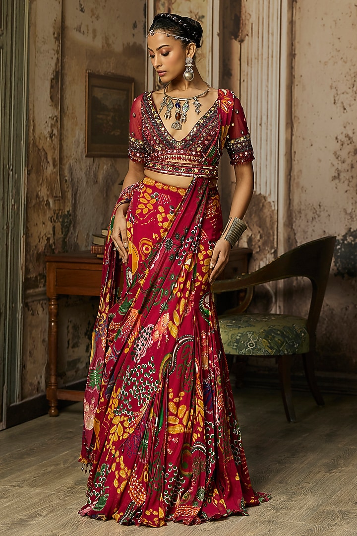 Scarlet Red Crepe Coral Veil Printed Dhoti Skirt Wedding Saree Set by DiyaRajvvir at Pernia's Pop Up Shop