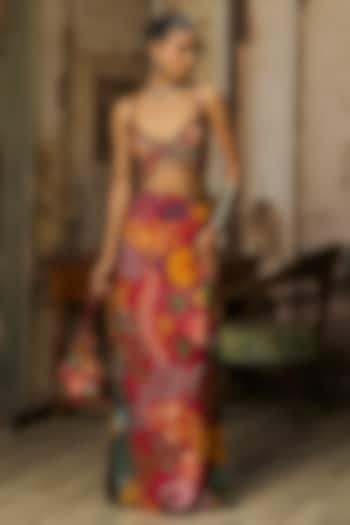 Deep Red Bemberg Satin Coral Veil Printed Skirt Set by DiyaRajvvir at Pernia's Pop Up Shop