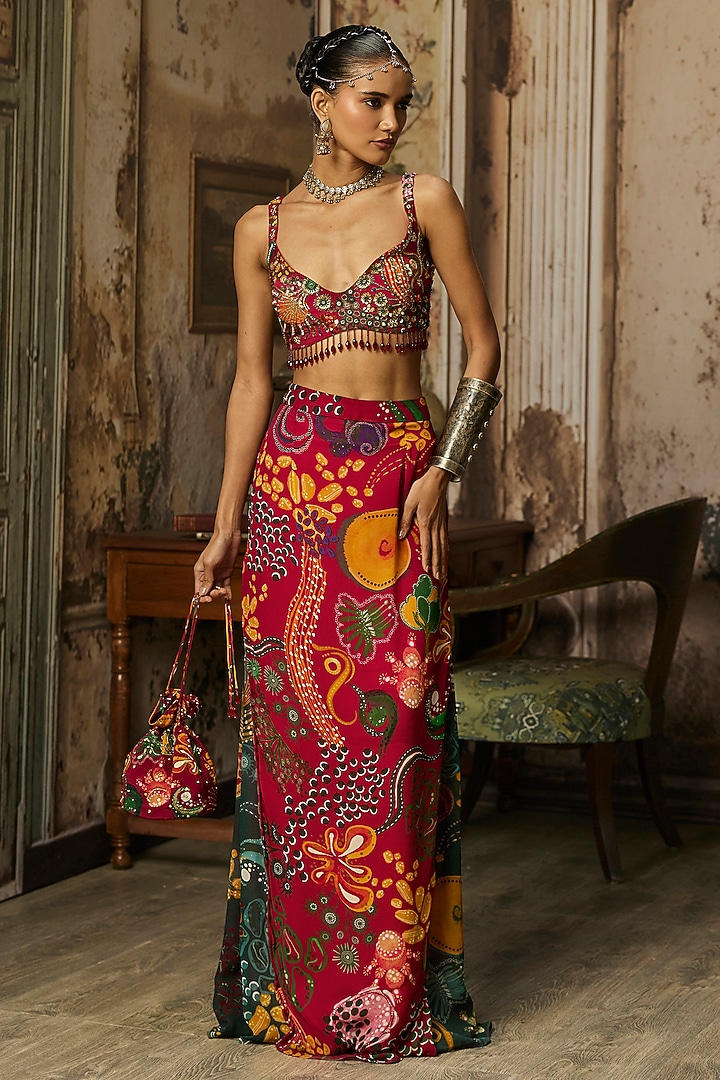 Deep Red Bemberg Satin Coral Veil Printed Skirt Set by DiyaRajvvir at Pernia's Pop Up Shop