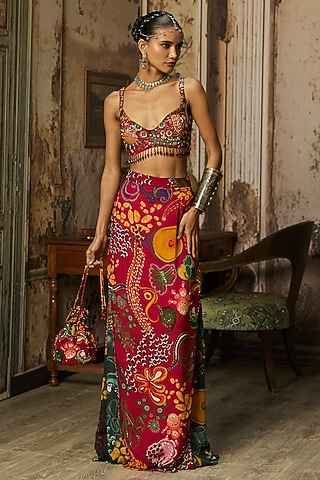 Deep Red Bemberg Satin Coral Veil Printed Skirt Set by DiyaRajvvir