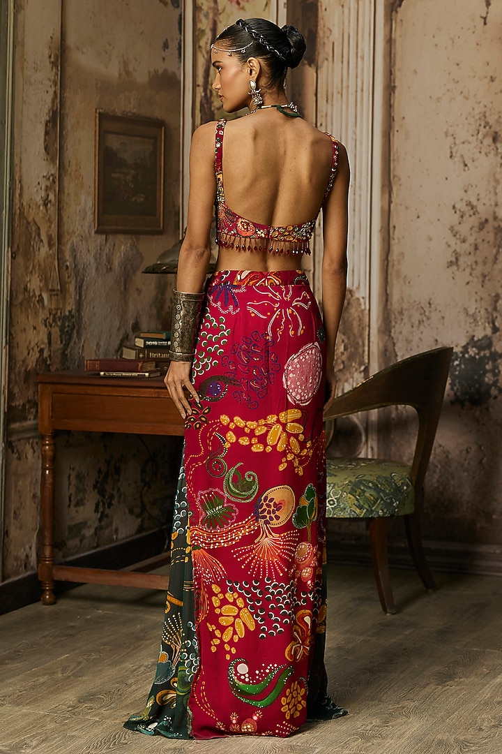 Deep Red Bemberg Satin Coral Veil Printed Skirt Set by DiyaRajvvir at Pernia's Pop Up Shop