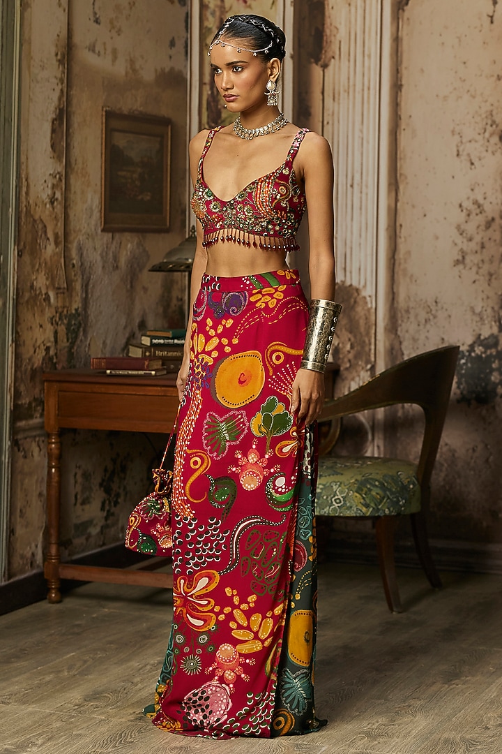 Deep Red Bemberg Satin Coral Veil Printed Skirt Set by DiyaRajvvir at Pernia's Pop Up Shop