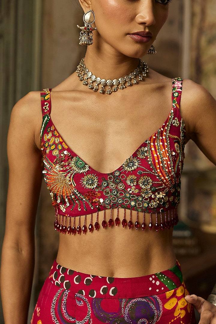 Deep Red Bemberg Satin Coral Veil Printed Skirt Set by DiyaRajvvir at Pernia's Pop Up Shop