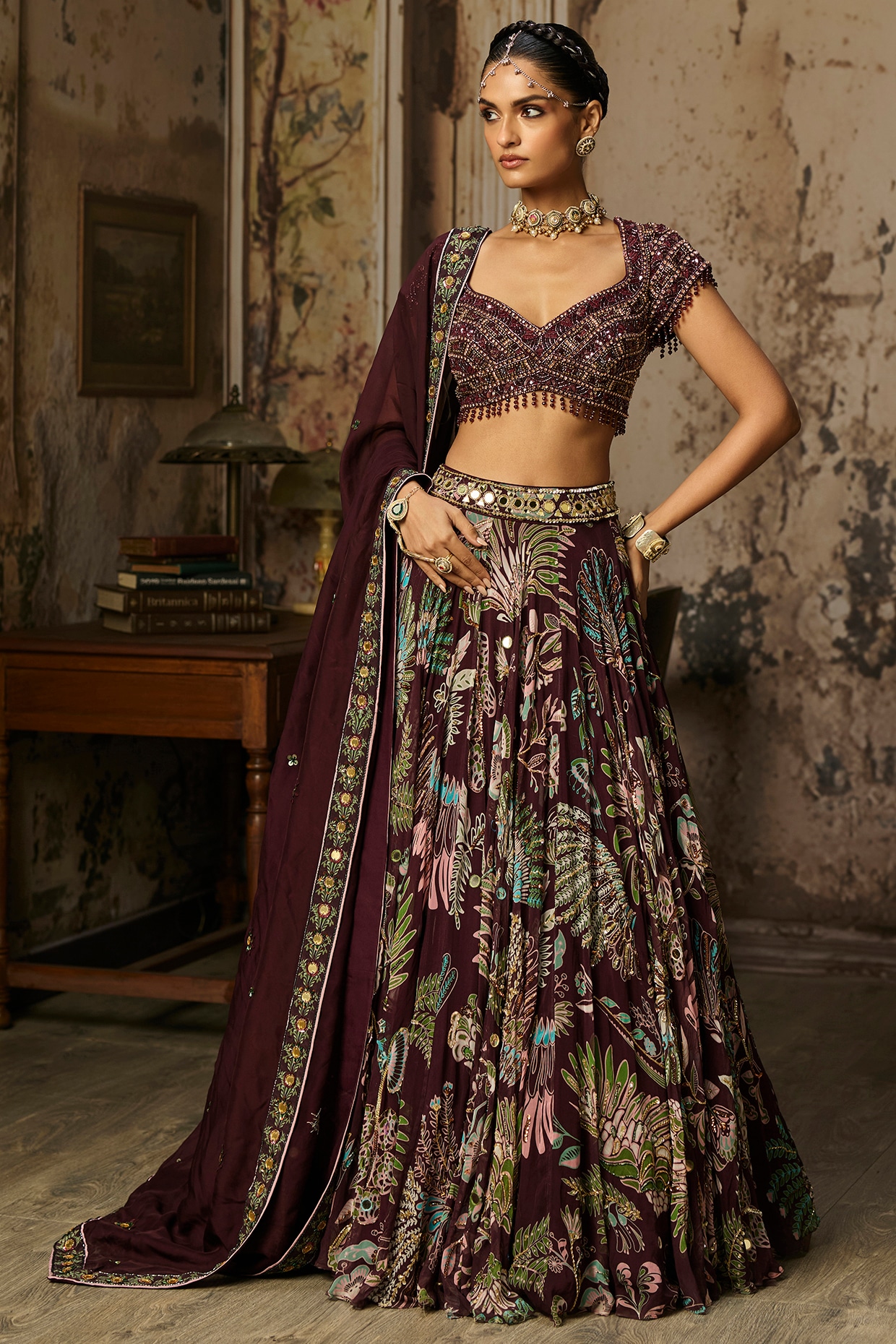 DiyaRajvvir Plum Crepe Featherfall Printed Lehenga Set
