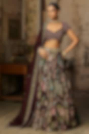Plum Crepe Featherfall Printed Wedding Lehenga Set by DiyaRajvvir at Pernia's Pop Up Shop
