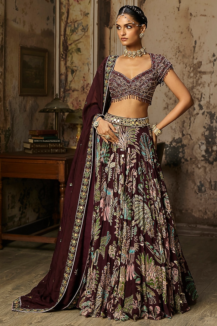 Plum Crepe Featherfall Printed Wedding Lehenga Set by DiyaRajvvir at Pernia's Pop Up Shop