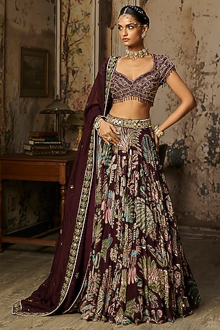 Plum Crepe Featherfall Printed Lehenga Set by DiyaRajvvir