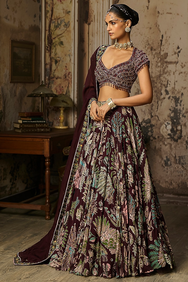 Plum Crepe Featherfall Printed Wedding Lehenga Set by DiyaRajvvir at Pernia's Pop Up Shop
