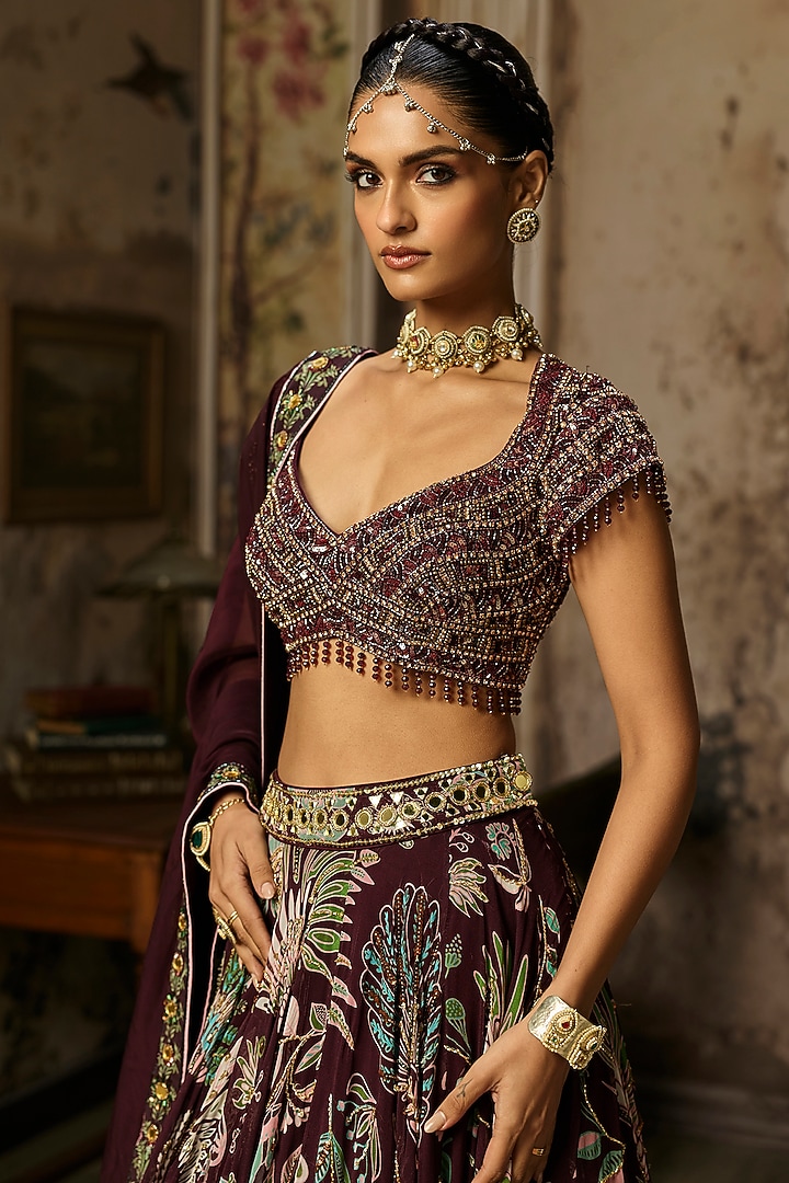 Plum Crepe Featherfall Printed Wedding Lehenga Set by DiyaRajvvir at Pernia's Pop Up Shop