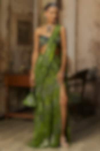 Pear Green Crepe Coral Veil Printed Slit Skirt Wedding Saree Set by DiyaRajvvir at Pernia's Pop Up Shop