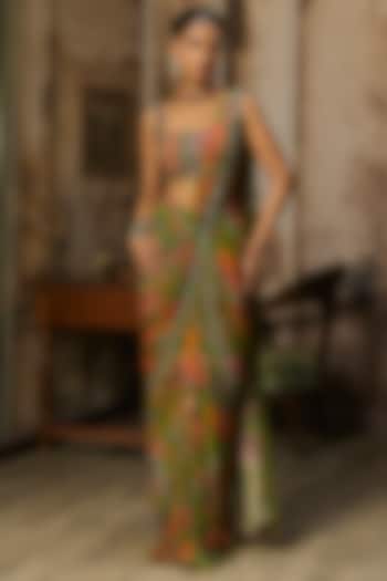 Pear Green Crepe Featherfall Printed Dhoti Skirt Wedding Saree Set by DiyaRajvvir at Pernia's Pop Up Shop