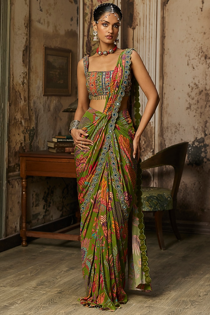 Pear Green Crepe Featherfall Printed Dhoti Skirt Wedding Saree Set by DiyaRajvvir at Pernia's Pop Up Shop