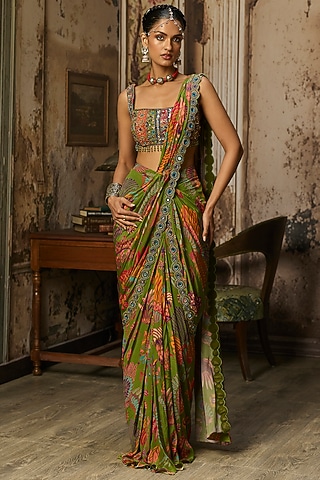 Pear Green Crepe Featherfall Printed Dhoti Skirt Saree Set by DiyaRajvvir