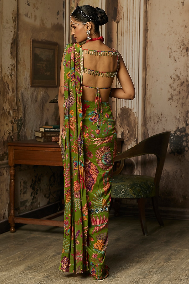 Pear Green Crepe Featherfall Printed Dhoti Skirt Wedding Saree Set by DiyaRajvvir at Pernia's Pop Up Shop