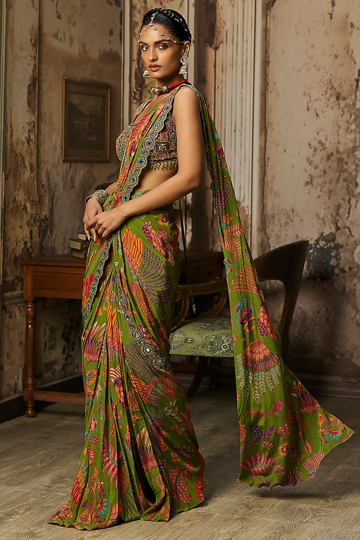 Pear Green Crepe Featherfall Printed Dhoti Skirt Wedding Saree Set by DiyaRajvvir at Pernia's Pop Up Shop