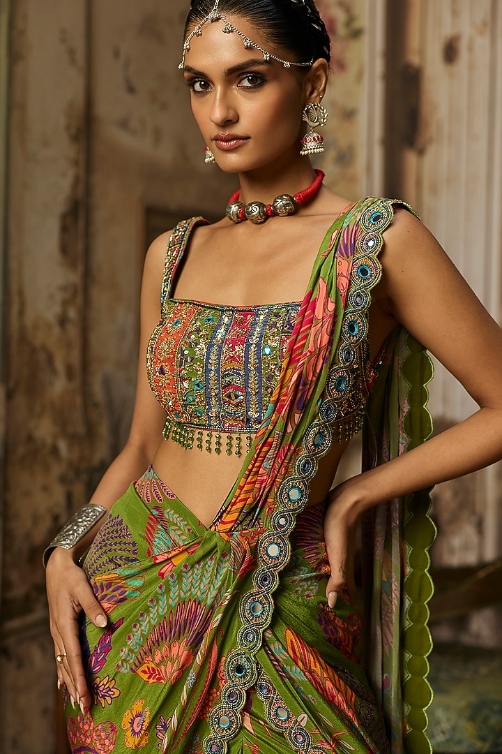 Pear Green Crepe Featherfall Printed Dhoti Skirt Wedding Saree Set by DiyaRajvvir at Pernia's Pop Up Shop