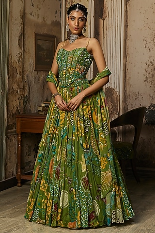 Pear Green Crepe Featherfall Printed Lehenga Set by DiyaRajvvir