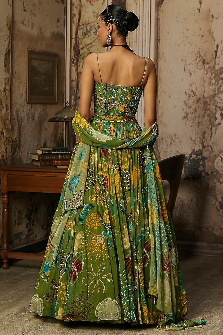 Pear Green Crepe Featherfall Printed Wedding Lehenga Set by DiyaRajvvir at Pernia's Pop Up Shop
