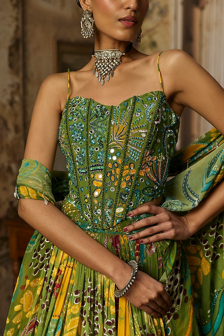 Pear Green Crepe Featherfall Printed Wedding Lehenga Set by DiyaRajvvir at Pernia's Pop Up Shop