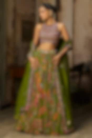 Pear Green Crepe Featherfall Printed Wedding Lehenga Set by DiyaRajvvir at Pernia's Pop Up Shop