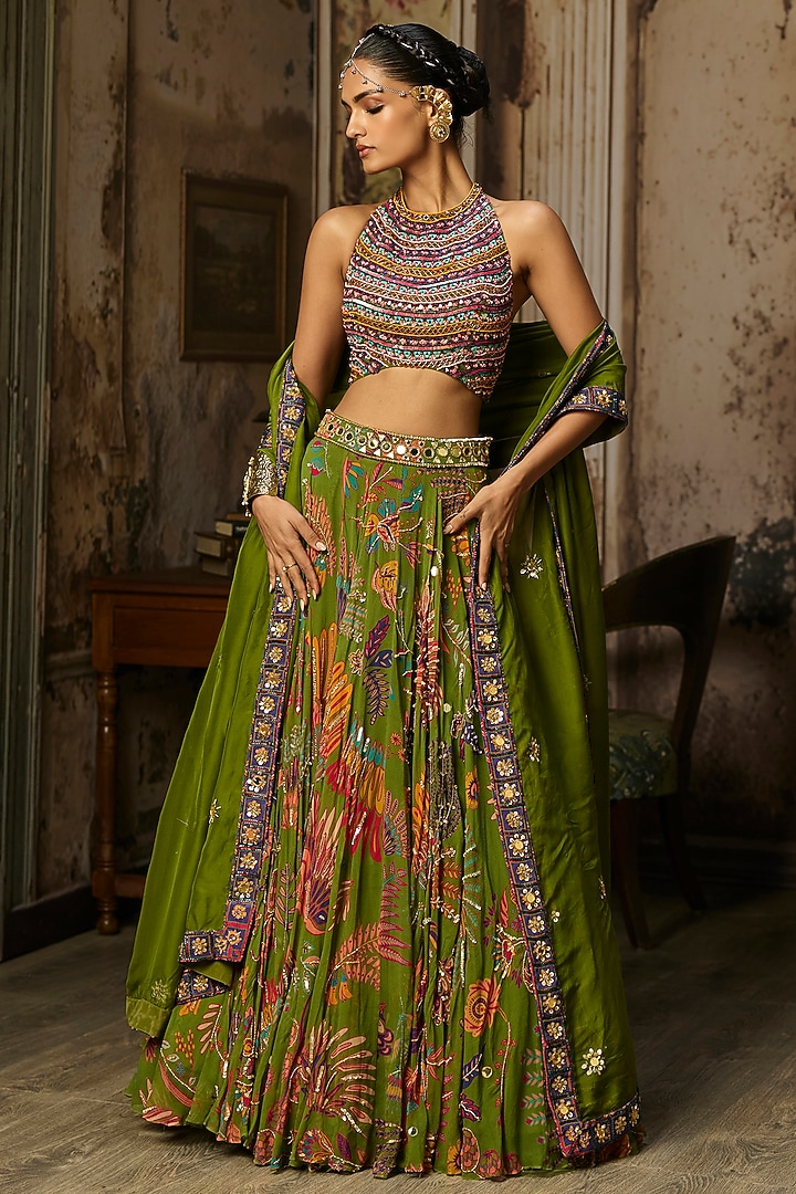 Pear Green Crepe Featherfall Printed Wedding Lehenga Set by DiyaRajvvir at Pernia's Pop Up Shop