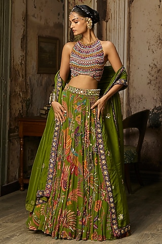 Pear Green Crepe Featherfall Printed Lehenga Set by DiyaRajvvir