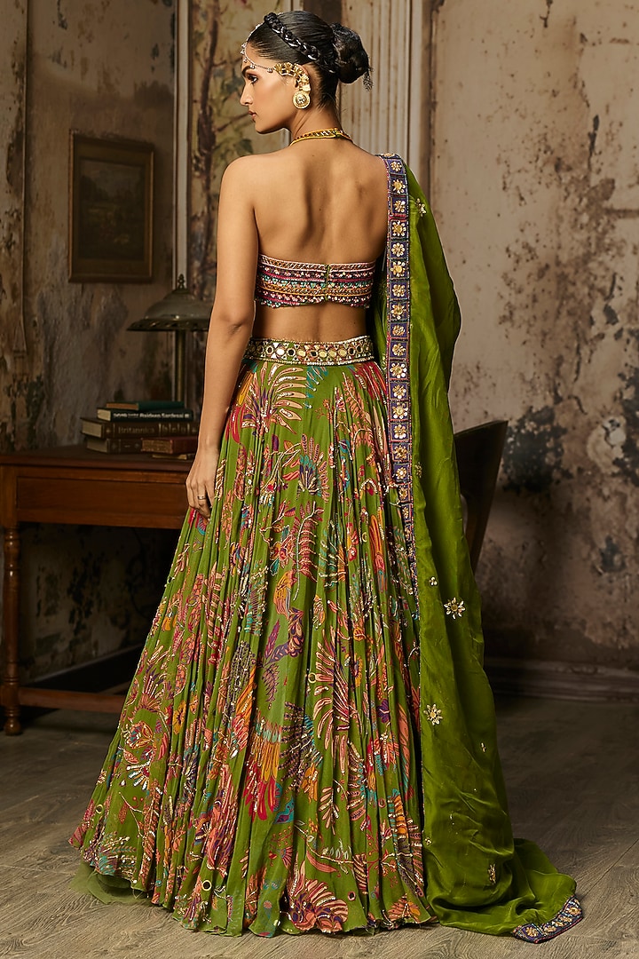 Pear Green Crepe Featherfall Printed Wedding Lehenga Set by DiyaRajvvir at Pernia's Pop Up Shop