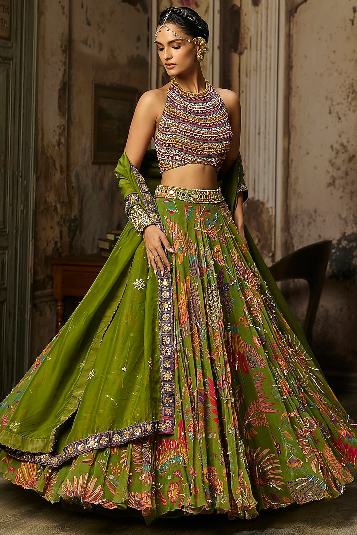 Pear Green Crepe Featherfall Printed Wedding Lehenga Set by DiyaRajvvir at Pernia's Pop Up Shop