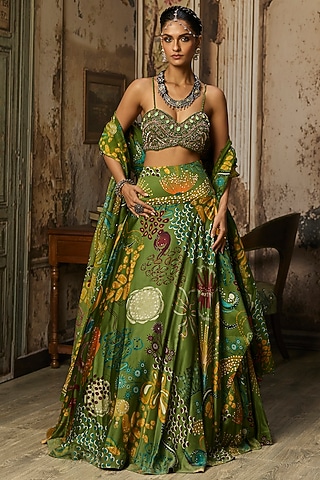Pear Green Bemberg Satin Coral Veil Printed Lehenga Set by DiyaRajvvir