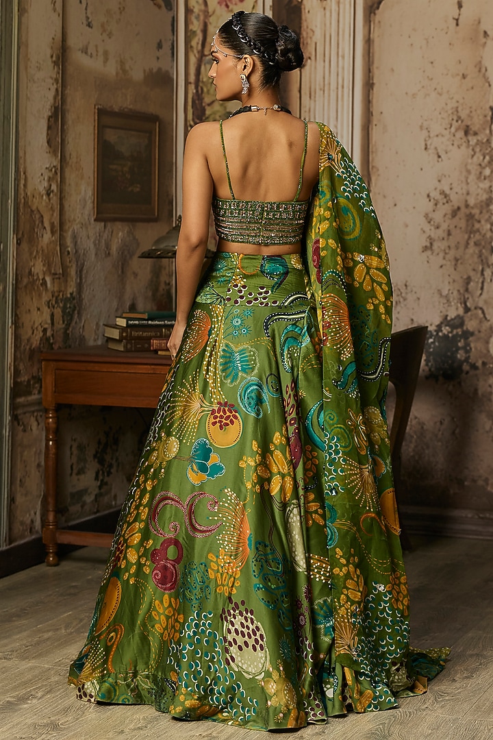 Pear Green Bemberg Satin Coral Veil Printed Wedding Lehenga Set by DiyaRajvvir at Pernia's Pop Up Shop