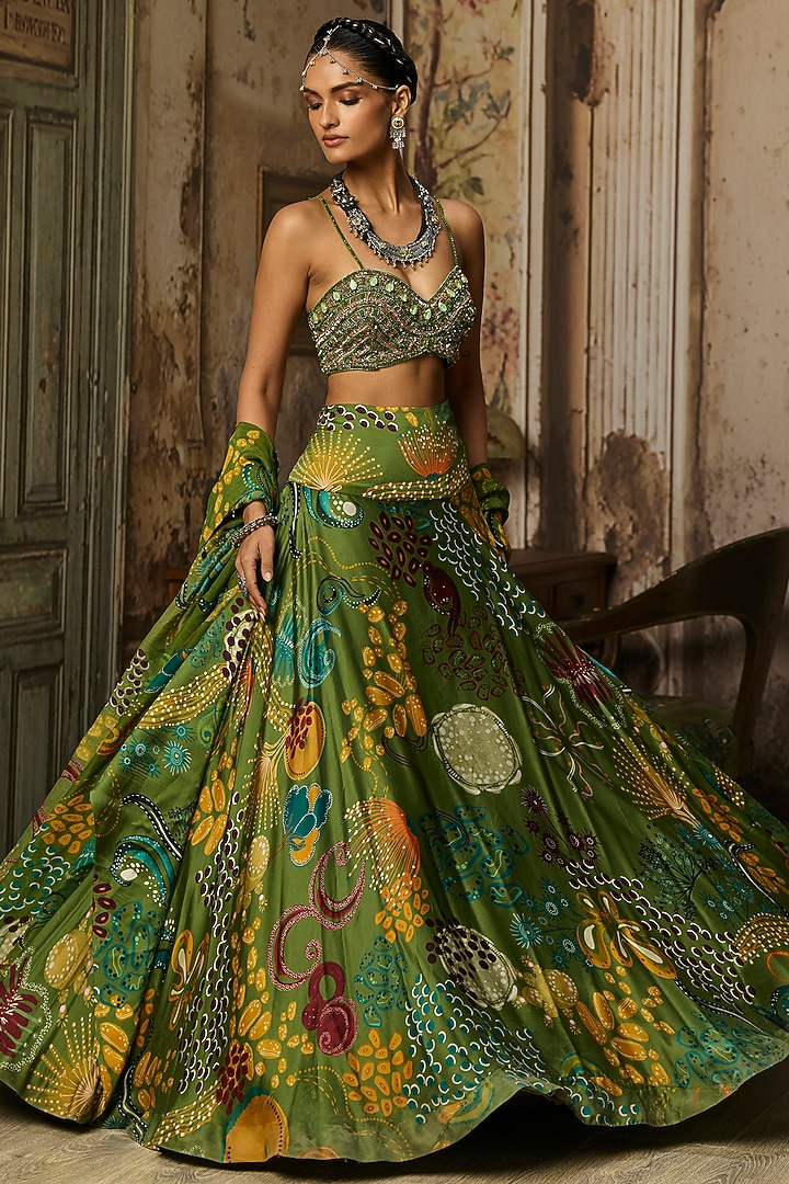 Pear Green Bemberg Satin Coral Veil Printed Wedding Lehenga Set by DiyaRajvvir at Pernia's Pop Up Shop