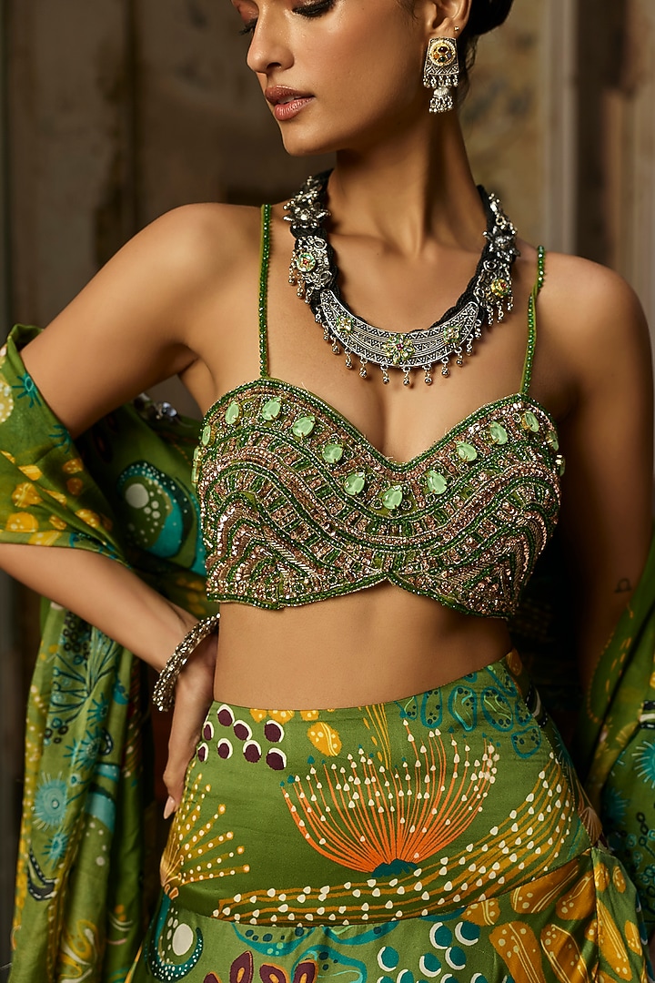 Pear Green Bemberg Satin Coral Veil Printed Wedding Lehenga Set by DiyaRajvvir at Pernia's Pop Up Shop
