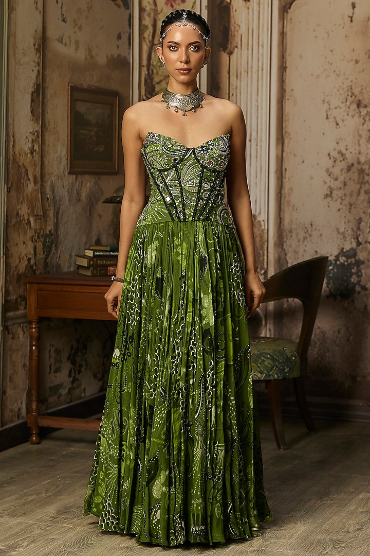 Pear Green Crepe Coral Veil Printed Corset Engagement Gown by DiyaRajvvir at Pernia's Pop Up Shop
