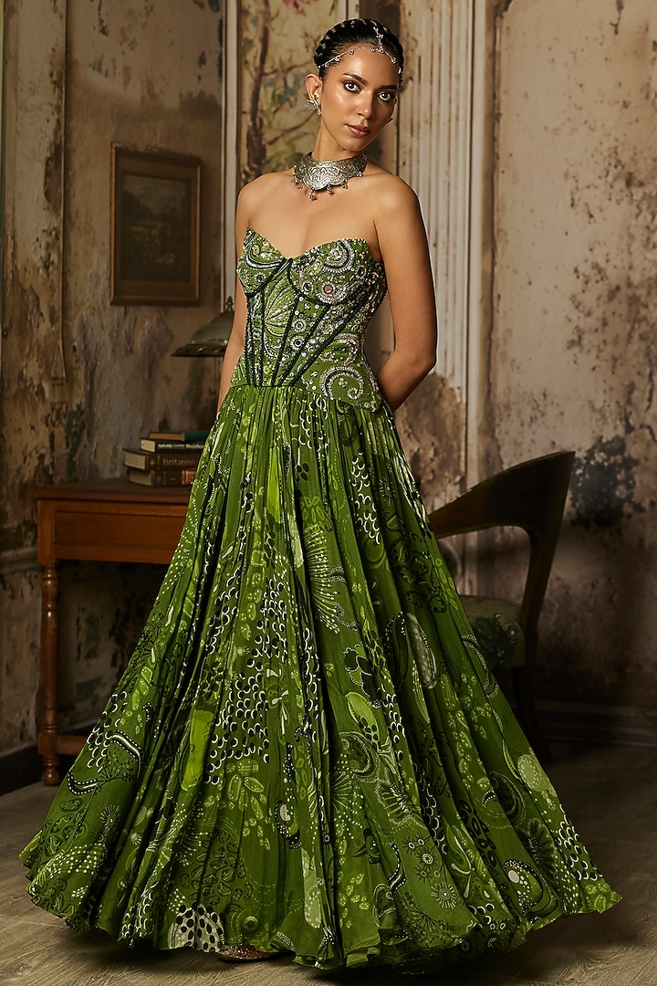 Pear Green Crepe Coral Veil Printed Corset Engagement Gown by DiyaRajvvir at Pernia's Pop Up Shop