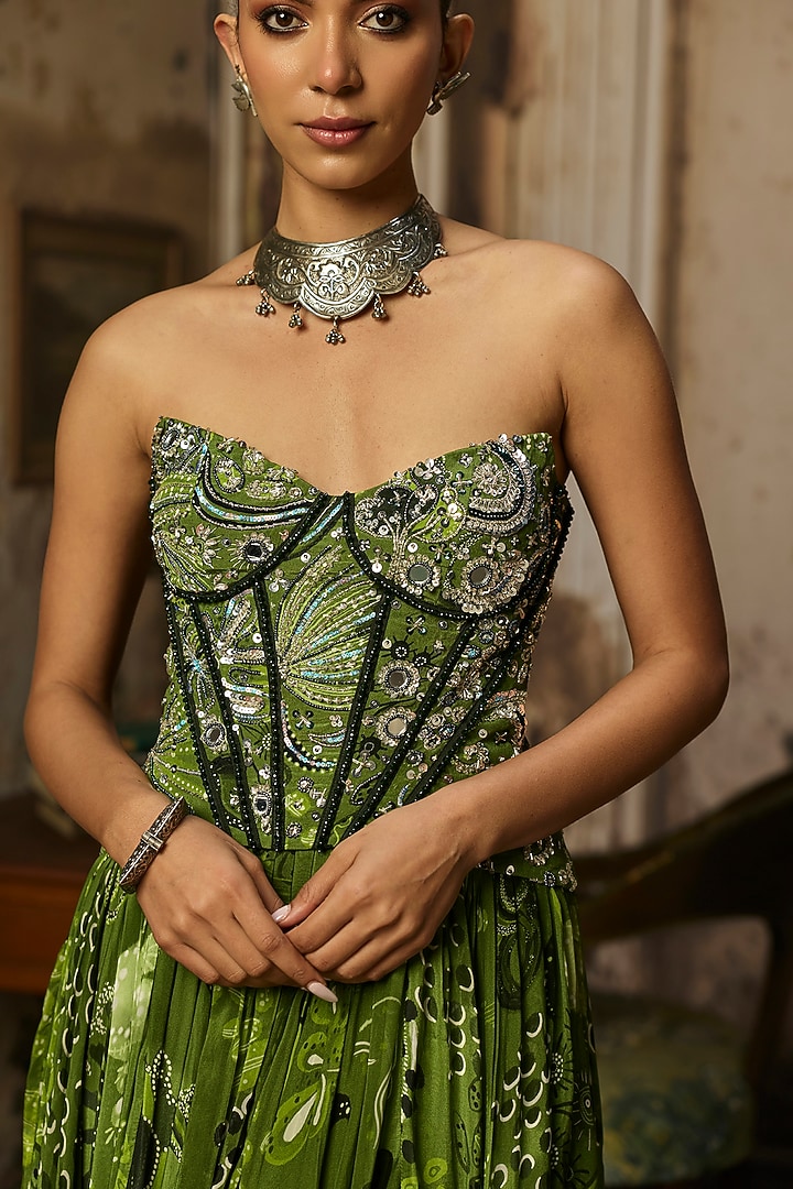 Pear Green Crepe Coral Veil Printed Corset Engagement Gown by DiyaRajvvir at Pernia's Pop Up Shop