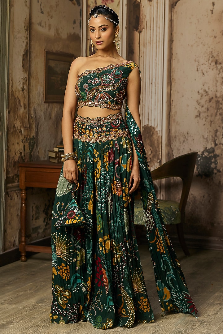 Dark Green Crepe Coral Veil Printed Pleated Pant Set by DiyaRajvvir at Pernia's Pop Up Shop