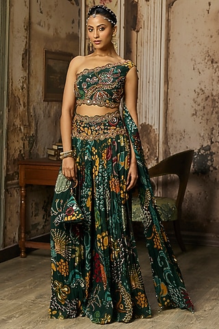 Dark Green Crepe Coral Veil Printed Pleated Pant Set by DiyaRajvvir