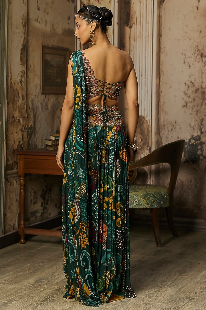 Dark Green Crepe Coral Veil Printed Pleated Pant Set by DiyaRajvvir at Pernia's Pop Up Shop