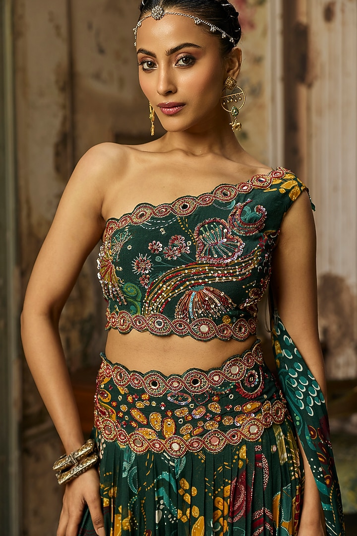 Dark Green Crepe Coral Veil Printed Pleated Pant Set by DiyaRajvvir at Pernia's Pop Up Shop