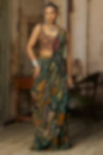 Dark Green Crepe Coral Veil Printed Draped Skirt Wedding Saree Set by DiyaRajvvir at Pernia's Pop Up Shop