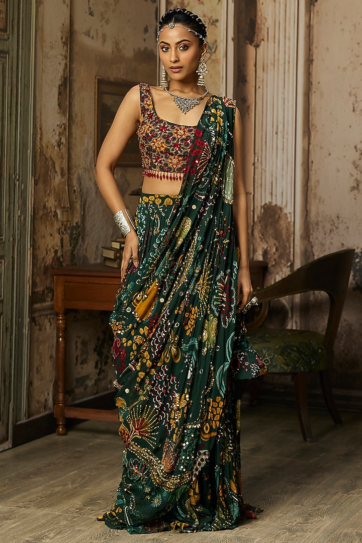 Dark Green Crepe Coral Veil Printed Draped Skirt Wedding Saree Set by DiyaRajvvir at Pernia's Pop Up Shop