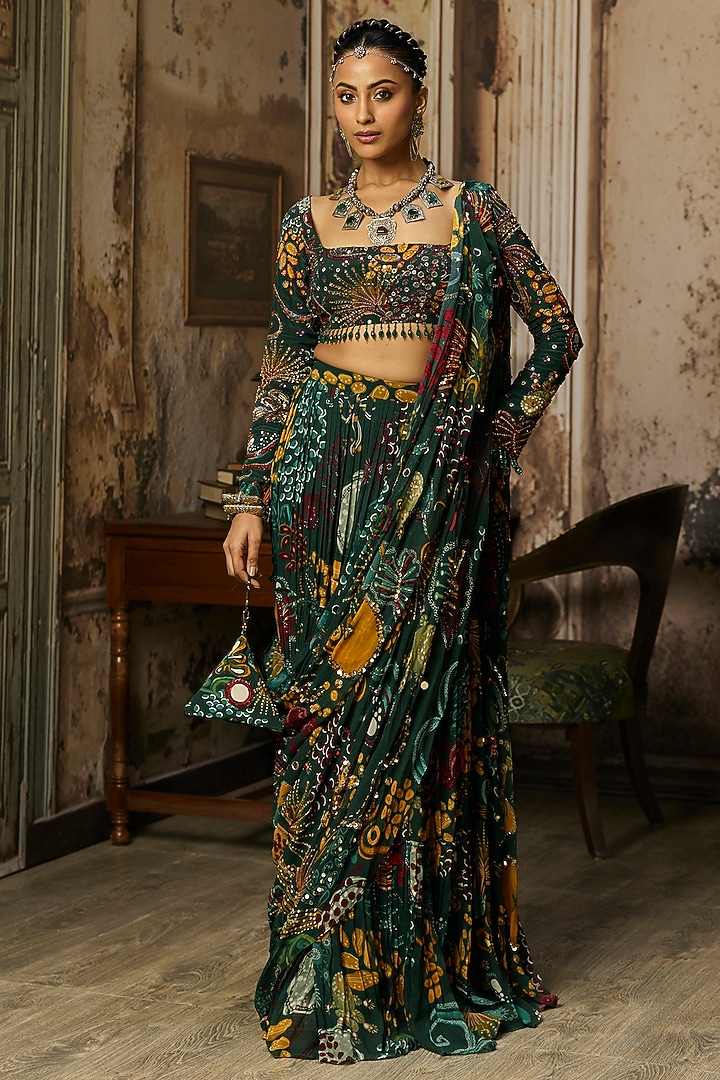 Dark Green Crepe Coral Veil Printed Draped Skirt Wedding Saree Set by DiyaRajvvir at Pernia's Pop Up Shop