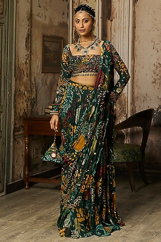 Dark Green Crepe Coral Veil Printed Draped Skirt Saree Set by DiyaRajvvir