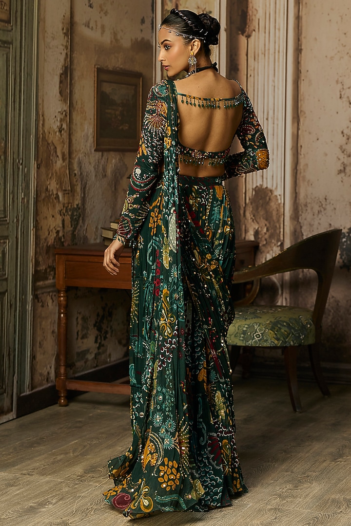 Dark Green Crepe Coral Veil Printed Draped Skirt Wedding Saree Set by DiyaRajvvir at Pernia's Pop Up Shop